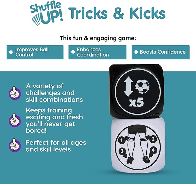 Shuffle Up Tricks & Kicks Soccer Dice Game - Soccer Challenging Skills Training Dice, Outdoor & Indoor Soccer Games for Kids, Kick Ups Training Dice, Soccer Gifts for Boys & Girls | (2 Dices)