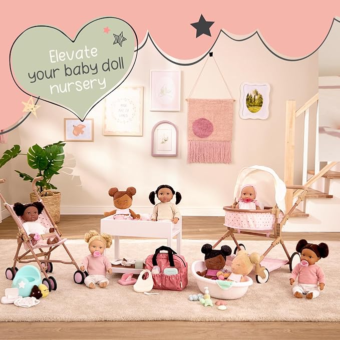 LullaBaby – 14-Inch Realistic Baby Doll Accessory Bundle – Nursery Care Set – High Chair, Playpen & Jogger Stroller – Pretend Play Toys – Kids 2+ Years– Baby Doll Nursery Playset