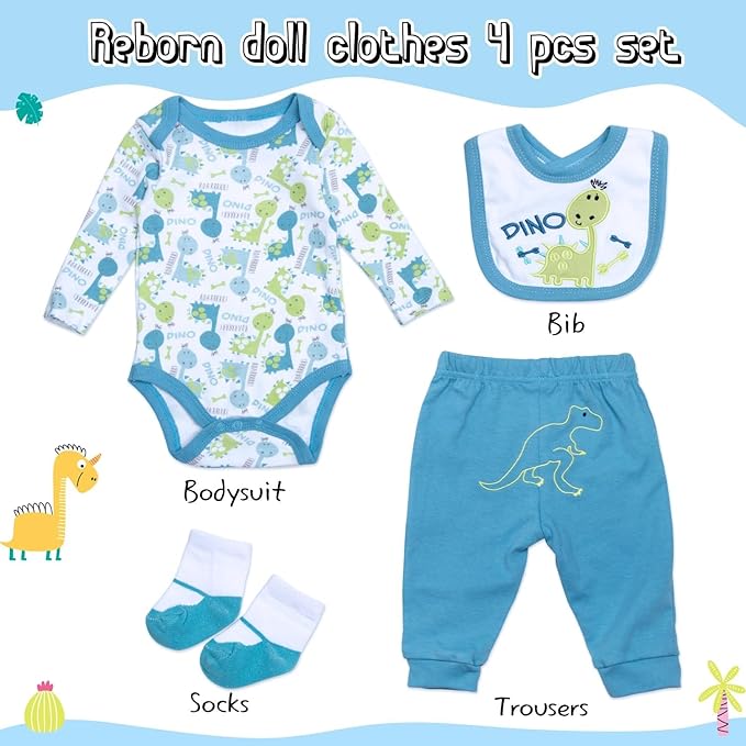 4 Pcs Reborn Baby Doll Clothes Boy for 17- 22 Inch Babydolls, Blue Dinosaur Outfits Realistic Reborn Baby Doll Accessories with Bib and Socks for Newborn Baby Boy
