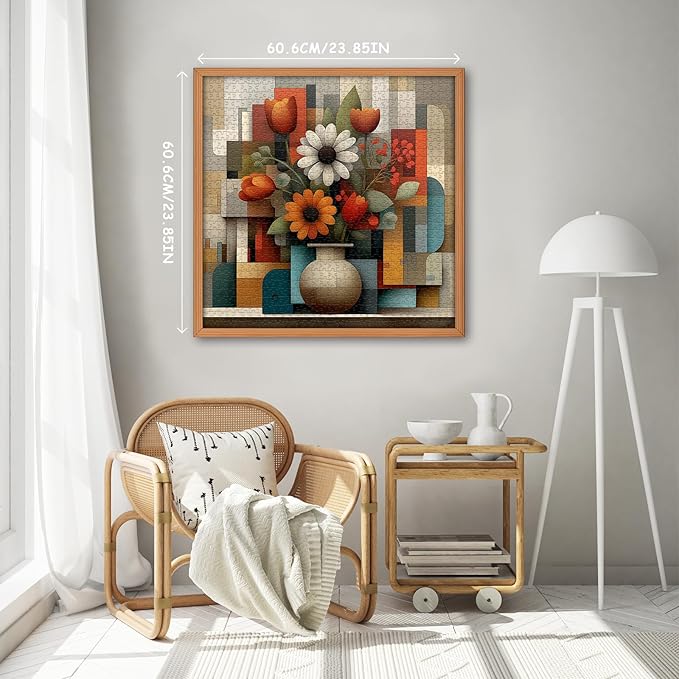 Flower Puzzles for Adults 1000 Pieces, Unique Floral Plant Jigsaw Puzzles Vase, Flower Bloom Puzzles with Geometric Background, Beautiful Floral Home Decor