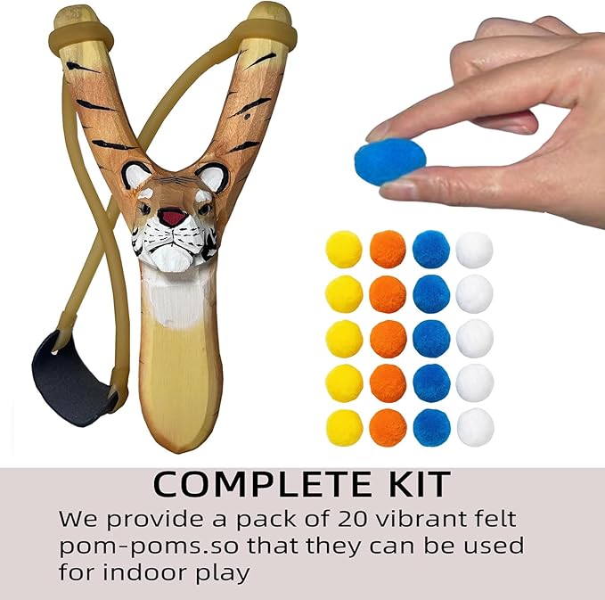 LINJAY Wooden Slingshot for Kids with Tiger Design, Colorful Pom - Poms & Ammo Balls