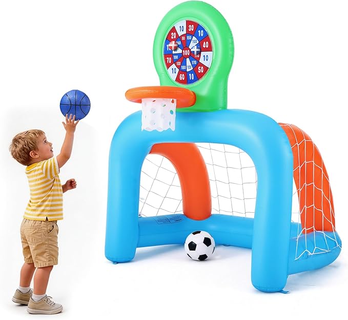 Inflatable Toddler Sports Center – Basketball Hoop & Soccer Goal, 3-in-1 with Sticky Ball Target, Soft & Safe Indoor/Outdoor Set, Ages 2–6