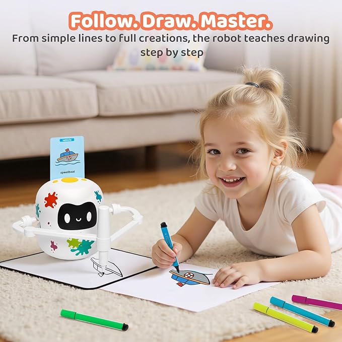 Mewaii Drawing Robot for Kids with 150 Cards, Interactive Educational Drawing Machine with Music, Erasable Board & 12 Crayons, Montessori Learning Toy, Birthday Gift for Boys Girls 5-8