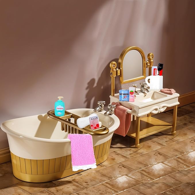 15 Pcs Dollhouse Bathroom Accessories, Mini Bath Accessories for Dollhouse Decoration, Mini Hair Dryer Brush Comb Mirror Towel Soap Toothpaste Toothbrush Makeup Set for House Bedroom Decoration
