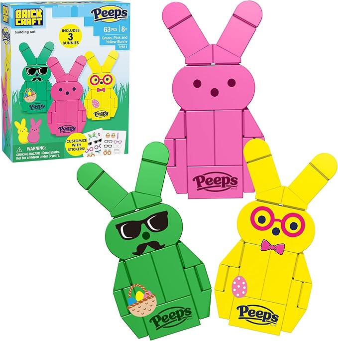 Brickcraft Peeps Bunny Building Set, Easter Brick Figures 3 Pack in Pink Yellow and Green, 63 Piece Building Toy, Ages 8 Plus, Spring Holiday Display Models, Official Peeps Licensed Set with Stickers
