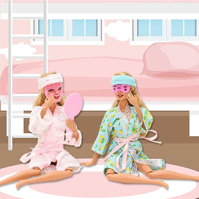 Doll Sleeping Clothes Accessories 28 Pcs Including 4 Sets Bathrobes Pajamas, Bath Towel , 4 Headband, 12 Toiletries, 8 Accessories, 3 Slippers for 11.5 Inch Girl Dolls Storytelling Bathroom Playset