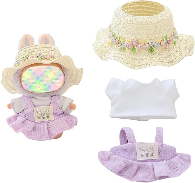 Clothes for Lu bubu 17cm Dolls Accessories (No Doll), Kawaii Hat Skirt Outfit Set 3 Pieces for 17cm Dolls Suit, Stylish Flower Doll Hat Clothing Set Replacement Purple