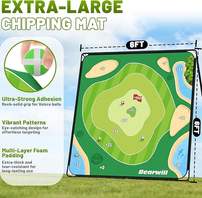Bearwill Golf Chipping Game 6x6FT, Indoor Outdoor Velcro Sticky Golf Game for Adults and Family, Heavy-Duty Metal Base, Up to 8 Players, Golf Gifts for Junior and Pro Golfers
