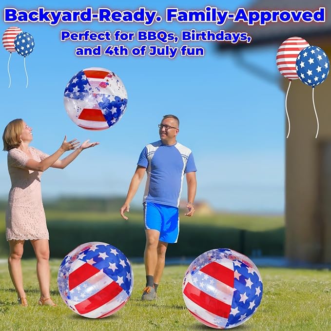 Sean's Choice 2 Pack Patriotic Beach Balls 20 Inch Inflatable Ball Filled with Stars Confetti 4th of July Summer Inflatable Swimming Pool Party Supply