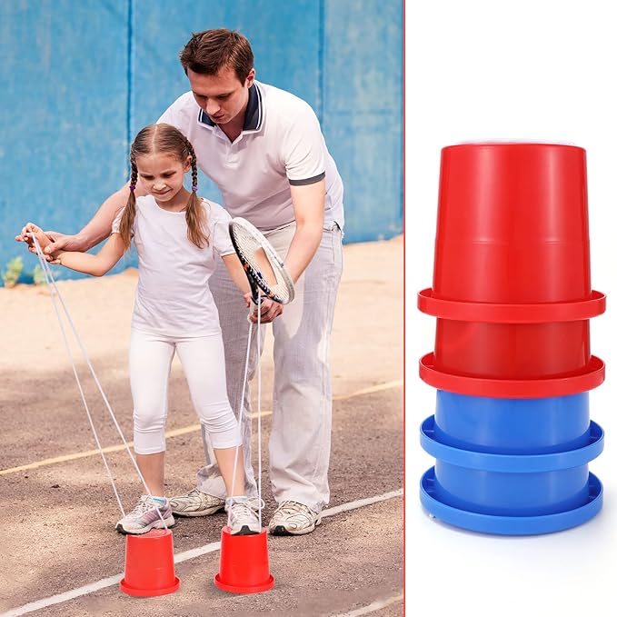 Meooeck 2 Pairs Walking Stilts Balancing Bucket Cup Thickened Plastic Stilts with Adjustable Rope for Kid Balance Coordination Birthday Playground Game Party Favor