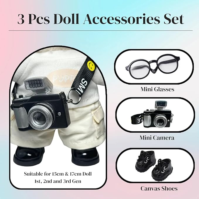 3pcs Doll Accessories Set Included Mini Glasses, Camera and Shoes for 17cm Doll, Dress Up Accessories Mini Costume Supplies for for 6.7 Inches Dolls (Set of Black)