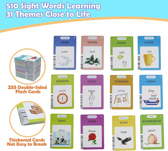 MAYAPHILOS 510 Sight Words Polish and English Talking Flash Cards Fun Polish Language Learning Toys for Kids, Learn Polish for Toddlers Sensory Preschool Educational Birthday Gifts