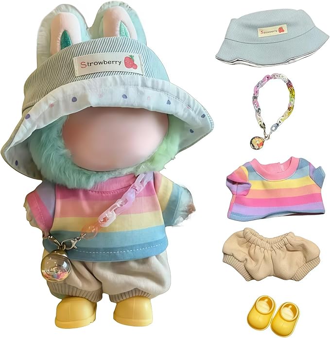 5 Set 17cm Doll Clothes, Clothes for Dolls Outfit, Accessories for 17cm Dolls Clothes T-Shirt + Pants + Hat + Wishing Bottle + Shoes, No Doll Included (Rainbow Wish)