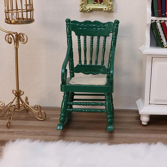 Dollhouse Miniature Rocking Chair 1:12 Scale Wooden Furniture Accessories Tiny Mini House Home Outdoor Decoration Model Living Room Scene Christmas Craft Displays (Green)