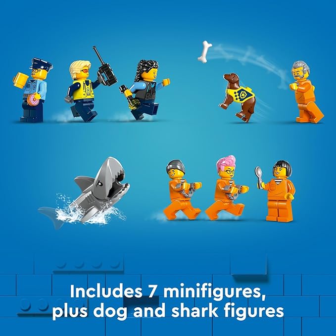 LEGO City Police Prison Island Building Set, Birthday Gift for Boys and Girls Ages 7 Plus, Imaginative Play, Helicopter Toy, Boat Toy and Dinghy, 7 Minifigures with Dog and Shark, 60419