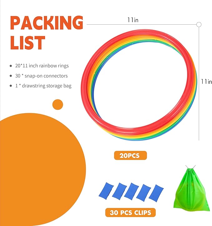 Hopscotch Rings, 2-Set – 20 Round Hoops (11-inch) + 30 Connectors, Agility Rings for Kids, Builds Gross Motor Skills, Preschool & Kindergarten PE, Indoor/Outdoor Playground Obstacle Course