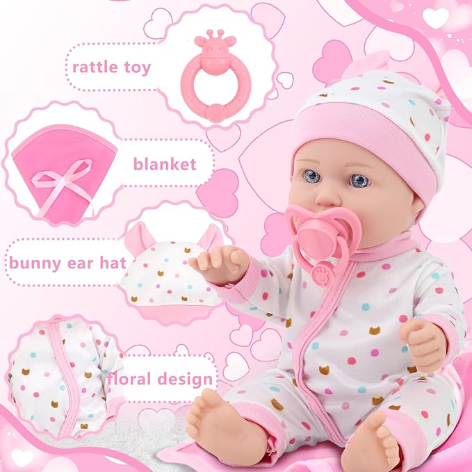 ZITA ELEMENT 12 Inch Baby Doll with Accessories for Baby Doll Reborn Includes Carrier Bassinet Bed, Pacifier, Blanket, Pillow, Feeding Set, New Born Doll Playset for Toddlers 3 Ages and Up