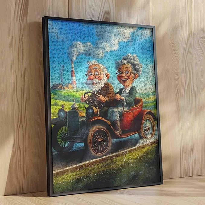 Old Man and Old Woman Jigsaw Puzzles for Adult 1000 Pieces Romantic Couple Cycling Puzzles Wall Decor Whimsical Grandma Funny Jigsaw Puzzle About Friendship 20''x27”inch Family Game Challengings,