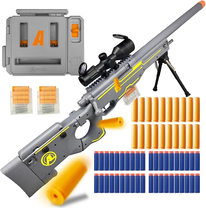 AGM MASTECH AWM Foam Dart Blaster, Shell Ejecting Model with Scope, Metal Components, Foldable Stock, 40 Darts, 20 Shells. Tactical CS Game Prop for Teens 14+ and Adults (Gold)