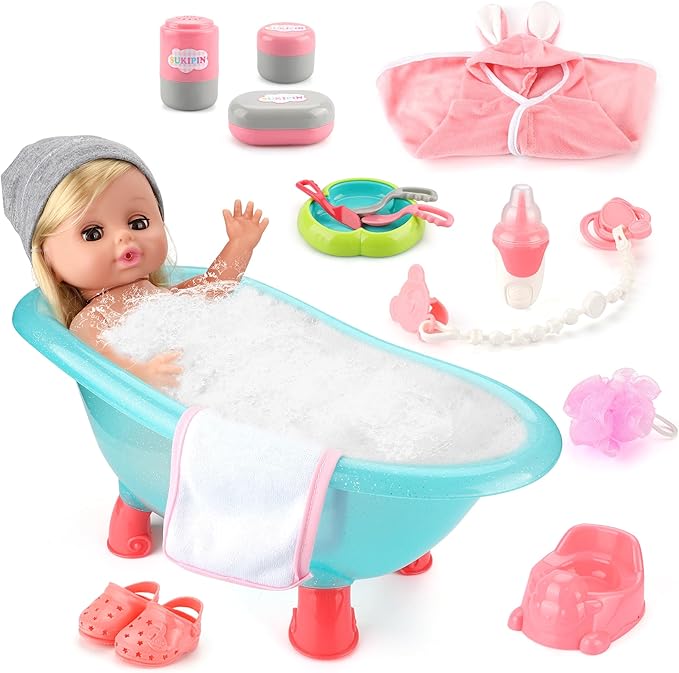 SUKIPIN Baby Doll Bath Set, Baby Dolls for 5 Year Old Girls for Easter Basket Stuffers, Doll Bathtub Toys for 3 4 5 Years Old Girl Birthday Gifts (Bathtub Set)