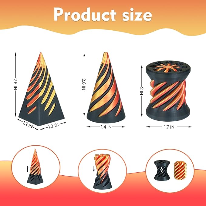 3PCS Impossible Cone,3D Printed Spiral Cone Fidget Toys,Impossible Pyramid Passthrough Sculpture,Stress Relieving Toys for Adults and Kids,Stocking Filler White Elephant Gifts(Black Gold)