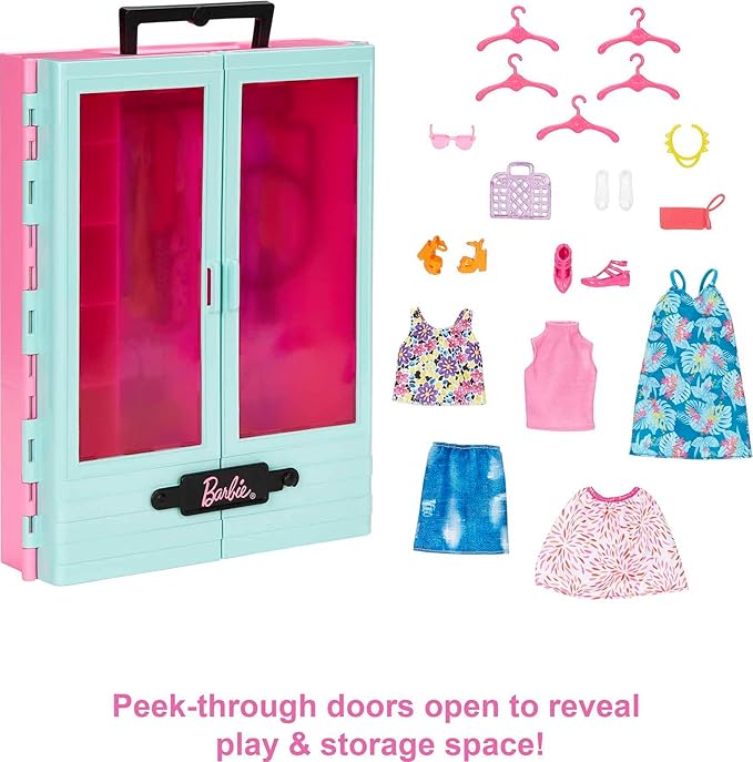 Barbie Closet Playset with 3 Outfits, 3 Pairs of Shoes, 2 Purses, Necklace and Sunglasses Accessories, 5 Hangars, Gift for 3 to 8 Years Old