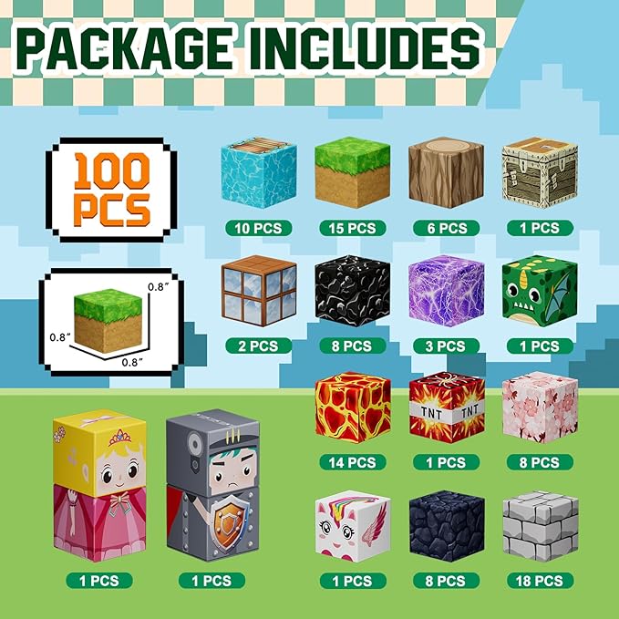 100PCS Magnetic Blocks - Magnet Cubes Toys Stacking, Build Mine Magnet World Magic Portal Set, STEM Montessori Stacking Toy for 3+ Year Old Boys&Girls (Forest and Castle)