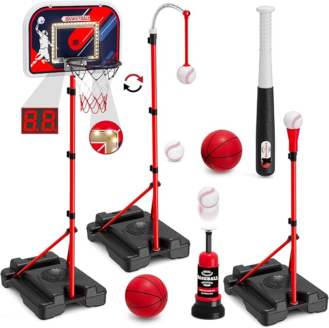 4 in 1 Kids Basketball Hoop and Tball Set for Toddlers 3-5, Adjustable Hanging Tee Ball Stand with Automatic Baseball Pitching Machine, Indoor Outdoor Sport Toys Birthday for Boys