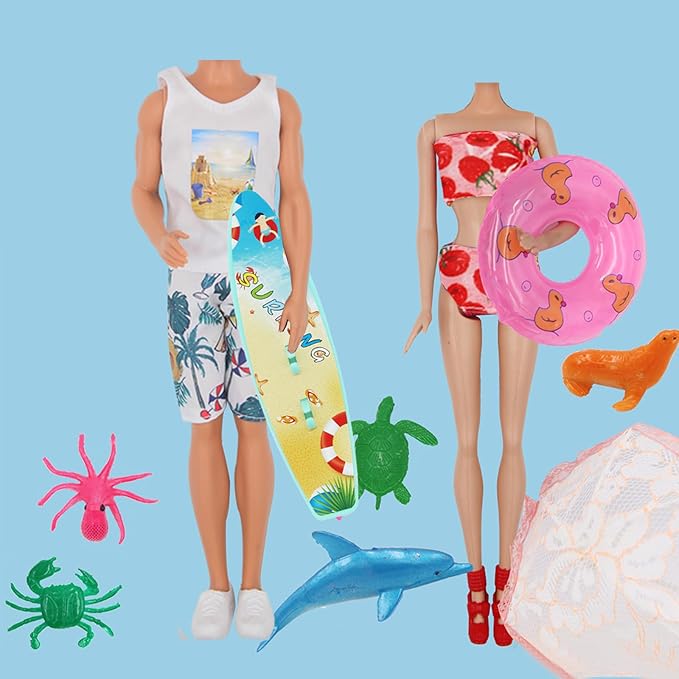 ZTWEDEN 89Pcs Doll Clothes and Accessories for 12 Inch Boy and 11.5 Inch Girl Doll Includes 32 Seaside Wear Clothes Bikini Marine Animal Surfboard Diving Swimming Sets 19 Pairs Shoes for Dolls