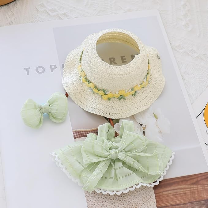 Clothes for Lu bubu 17cm Dolls Accessories (No Doll), Kawaii Hat Skirt Outfit Set 3 Pieces for 17cm Dolls Suit, Stylish Flower Doll Hat Clothing Set Replacement Green