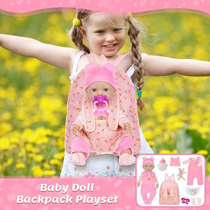 Baby Doll Clothes with Backpack Carrier for 14-18 Inch Doll,Reborn Baby Dolls Accessories Set with Bottles Pacifiers for Toddlers and Kids 2 3 4 5 Year Old（Dolls not Included）
