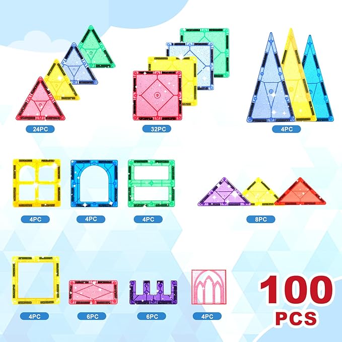 100 Pieces Magnetic Tiles for Kids Ages 4-8, Glitter Magnetic Building Tiles Preschool Learning Magnet Toys, STEM Sensory Magnet Building Blocks for Toddlers 3 4 5 6 7 8+ Year
