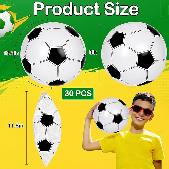 30 Pieces Inflatable Soccer Beach Balls, 8 Inch PVC Blow Up Bouncy Balls Bulk Beach Toy for Sports Themed Soccer Birthday Party Decorations Summer Beach Pool Game Water Sand Party Favors