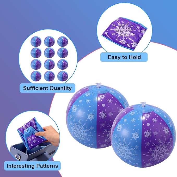 12pcs Inflatable Beach Balls, 8.66in Purple & Blue Snowflake Frozen Blow up Beach Ball Summer Large Big Jumbo Giant Pool Water Toys for Kids & Toddlers Outdoor Activity Party Supplies Decoration