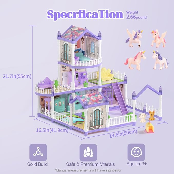 Lilac Purple Doll House for Girls, Dream Dollhouse 9 Rooms with 2 Dolls, 4 Unicons,Lights, Furniture and Accessories, Pretend-Play Toddler Playhouse Gift 3+ Year Old Girls Toys