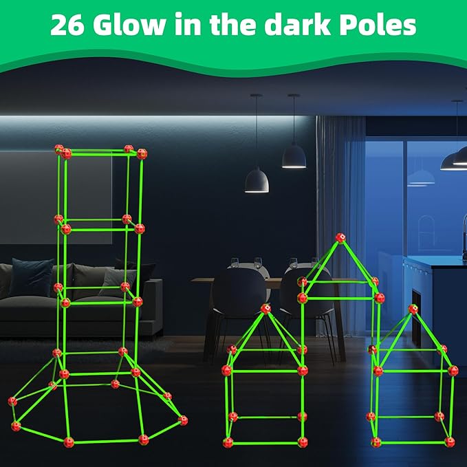 Awsoo Fort Building Kit for Kids 3 4 5 6 7 Glow in The Dark STEM Building Toys Indoor Outdoor Play Tent for Kids Construction Toys with 52 Poles and 24 Connecting Ball