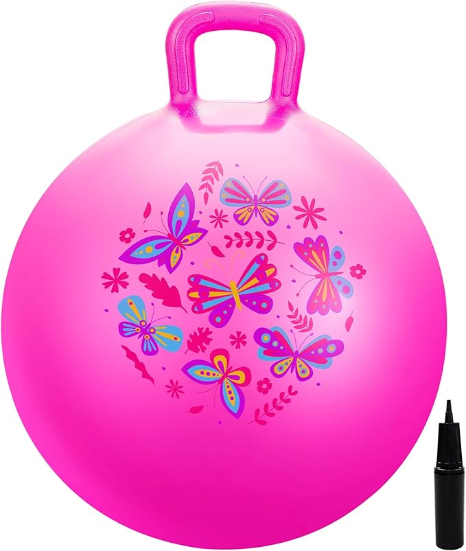EVERICH TOY Hopper Ball, Pink Butterfly Hopping Toys for Kids, 20 Inch Bouncy Ball with Handle, Indoor Outdoor Inflatable Hippity Hop Toy for Girls Boys Gift with Free Pump