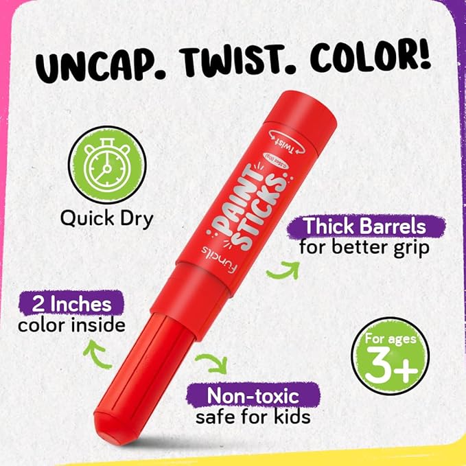 24 Tempera Paint Sticks for Kids with Coloring Book - Washable, Non-Toxic Markers for Toddlers | Works on Paper, Canvas, Wood, Cardboard - Art Craft Supplies, Painting Crayons Ages 1 2 3 4 5 6