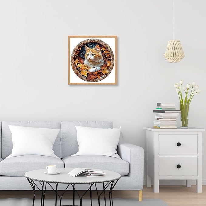 Wooden Puzzles for Adults, 210 Pieces Unique Cat & Autumn Leaf Pattern 3D Ornate Frame Wooden Jigsaw Puzzle, Easter Gift for Mom, for Cat Lovers