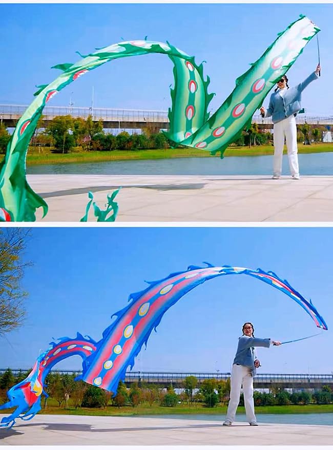 Square Exercise Dance Outdoor Flinging Fitness Dragon POI Wu Long 3D Real-Like Dragon Ribbon Streamer Set (32.8ft, Blue Phoenix)