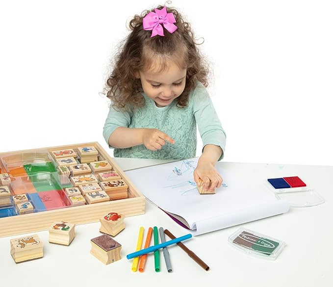 Melissa & Doug Deluxe Wooden Stamp Set: Animals - 30 Stamps, 6 Markers, 2 Stamp Pads Kids Art Projects, Wooden Stamps with Washable Ink, for Kids Ages 4+