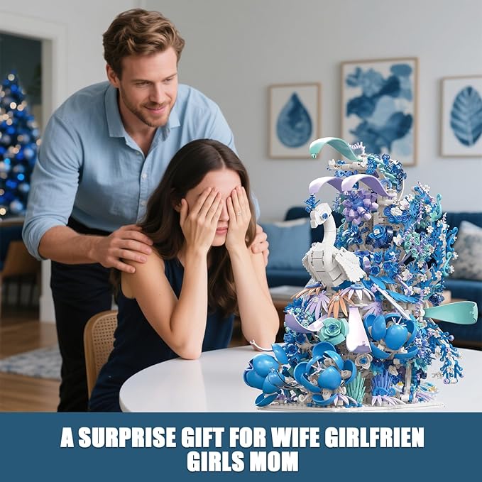 Blue Flowers Peacock Building Set for Adults - Creative Animal Botanicals Peacock Bird Toy Home Office Art Deocr, Compatible with Lego, for Women Mom (2470 PCS)