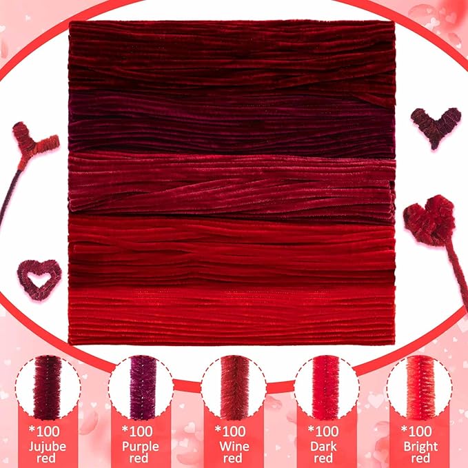 Peryiter 500 Pieces Pipe Cleaners Chenille Stems for Flowers Craft Supplies Bulk Fluffy Fuzzy Sticks for DIY Art Projects Creative Gift Wrapping Party Decorations(Red,12 Inch)