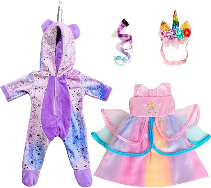 WONDOLL American 2-Sets 18-inch Doll Clothes Set - Amazing Rainbow Unicorn Clothes with Hair Clip and Headband - Compatible with All 18 inch Dolls Accessories Gifts for Kids -Purple（no Doll）
