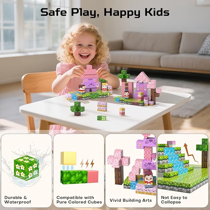 100PCS Magnetic Blocks, Magnetic Building Blocks for Kids Age 4-8, Pink Princess Castle Toys for Girls, STEM Sensory Birthday Gift for Kids Age 3+ Years Old