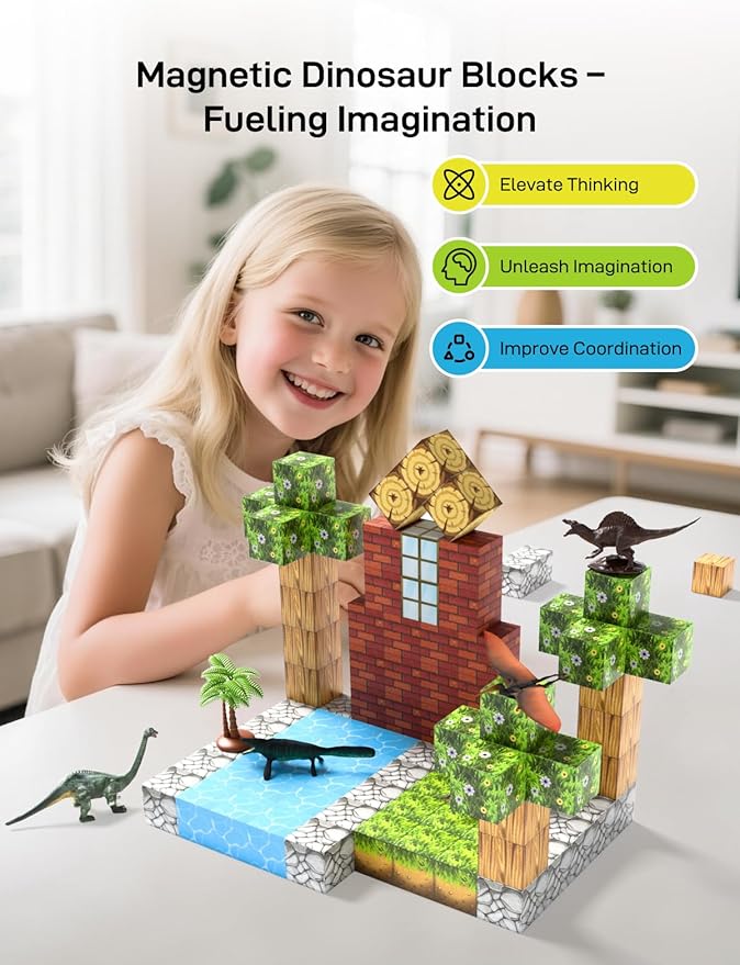 Magnetic Blocks 108PCS, Dinosaur Magnetic Building Blocks with 6 Dinosaur Figures, Magnetic Blocks for Kids Ages 3-5, 4-8, STEM Construction Toy