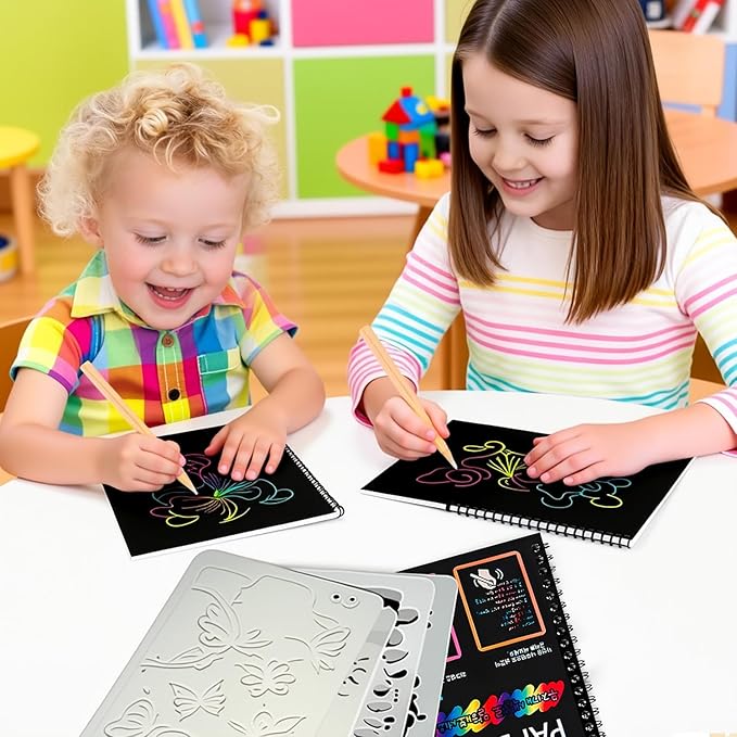 heynsgu 30Pcs Rainbow Scratch Paper Art Notebooks, Black Magic Sketch Book Pads with Stencils for Kids Crafts Artist Drawing Activity Toy Christmas Brithday Gifts Ages 3-12