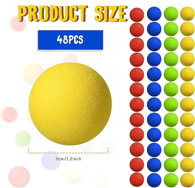 Sumind 48 Pieces Foam Balls Bulk Rounds Refill Balls Soft Foam Bullet Replacement Refill Pack for Blasters Guns for Kids Birthday Party Games Favors Gifts for Boys and Girls(Red, Blue, Green, Yellow)