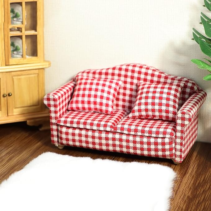 Dollhouse Couch Miniature Sofa with Pillows Dollhouse Living Room Funiture 1:12 Scale Model 3 Pcs High Simulation Upholstered Wooden Fabric Armchair Mini Room Artificial House Scene Decoration (Plaid)