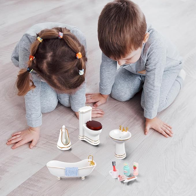 1:12 Dollhouse Miniature Porcelain Bathroom Set 5Pcs White Ceramic Toilet Basin Bathtub Mirror Miniature Furniture with 15Pcs Doll Accessories Comb,Bathball,Water Cup,Toothbrush Toothpaste